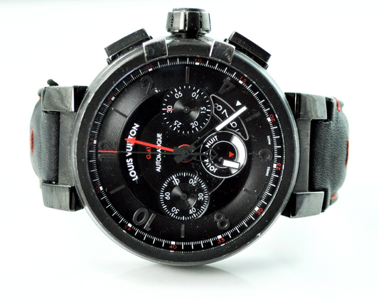 Louis Vuitton Auto Black Race Track Dial Chrono Tambour Moon Watch 45mm Date GMT