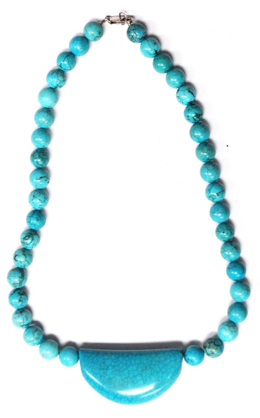 Sterling Dyed Howlite Turquoise 10mm Bead Necklace Crescent 27mm Pendant 18"