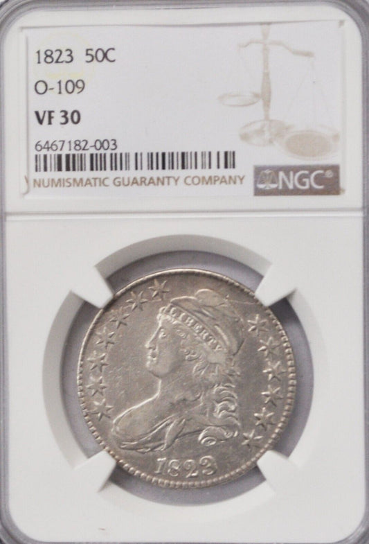 1823 50c Capped Bust Silver Half Dollar Fifty Cents O-109 R-5 NGC VF30