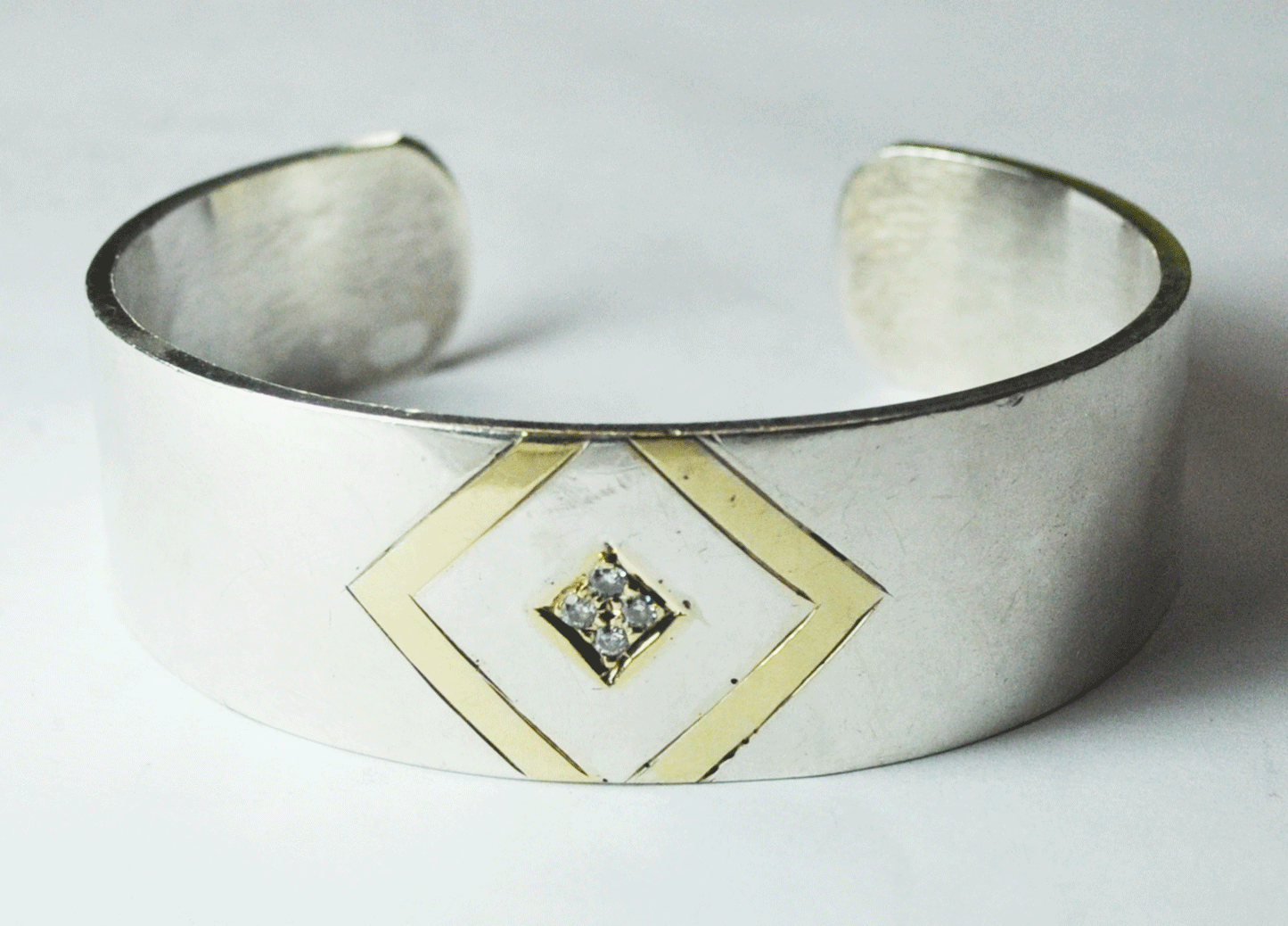 Sterling Silver & 14k Stripe Diamond Bracelet 22mm 6-3/4" Wrist