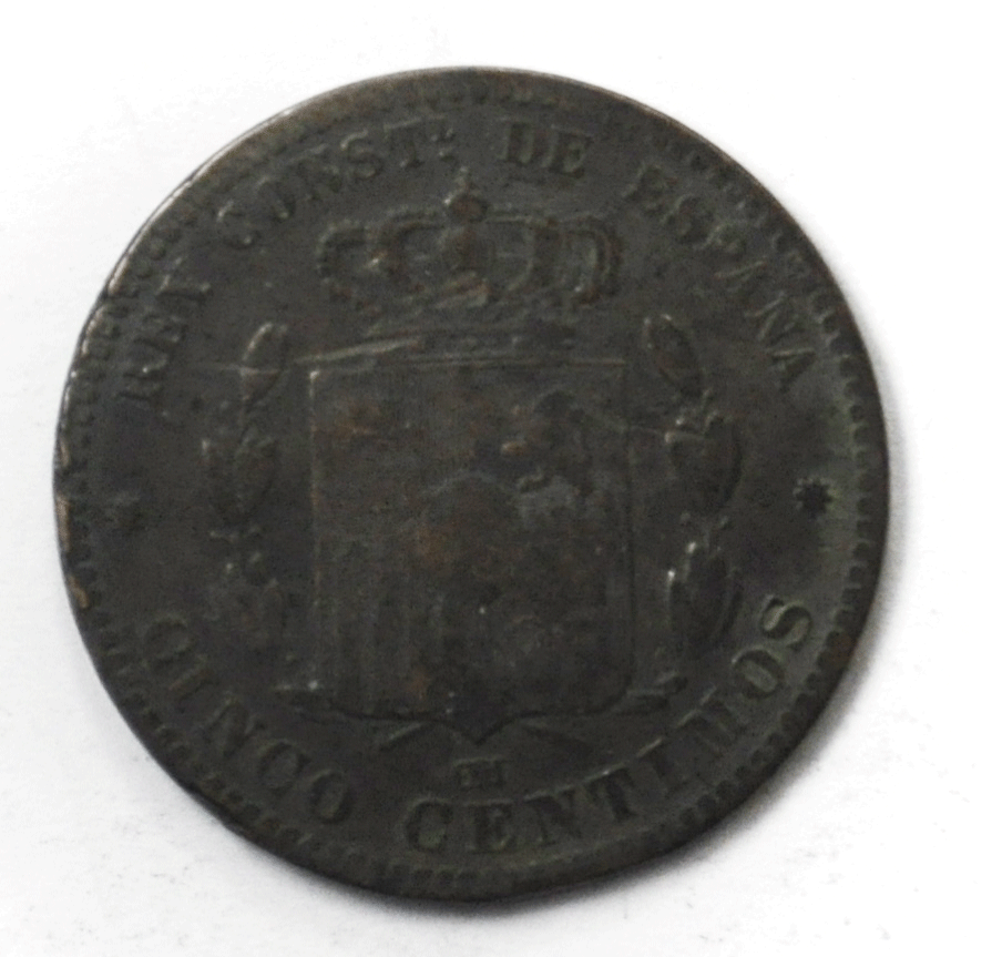 1878 OM Spain Five Cinco Centimos Bronze Coin KM# 674