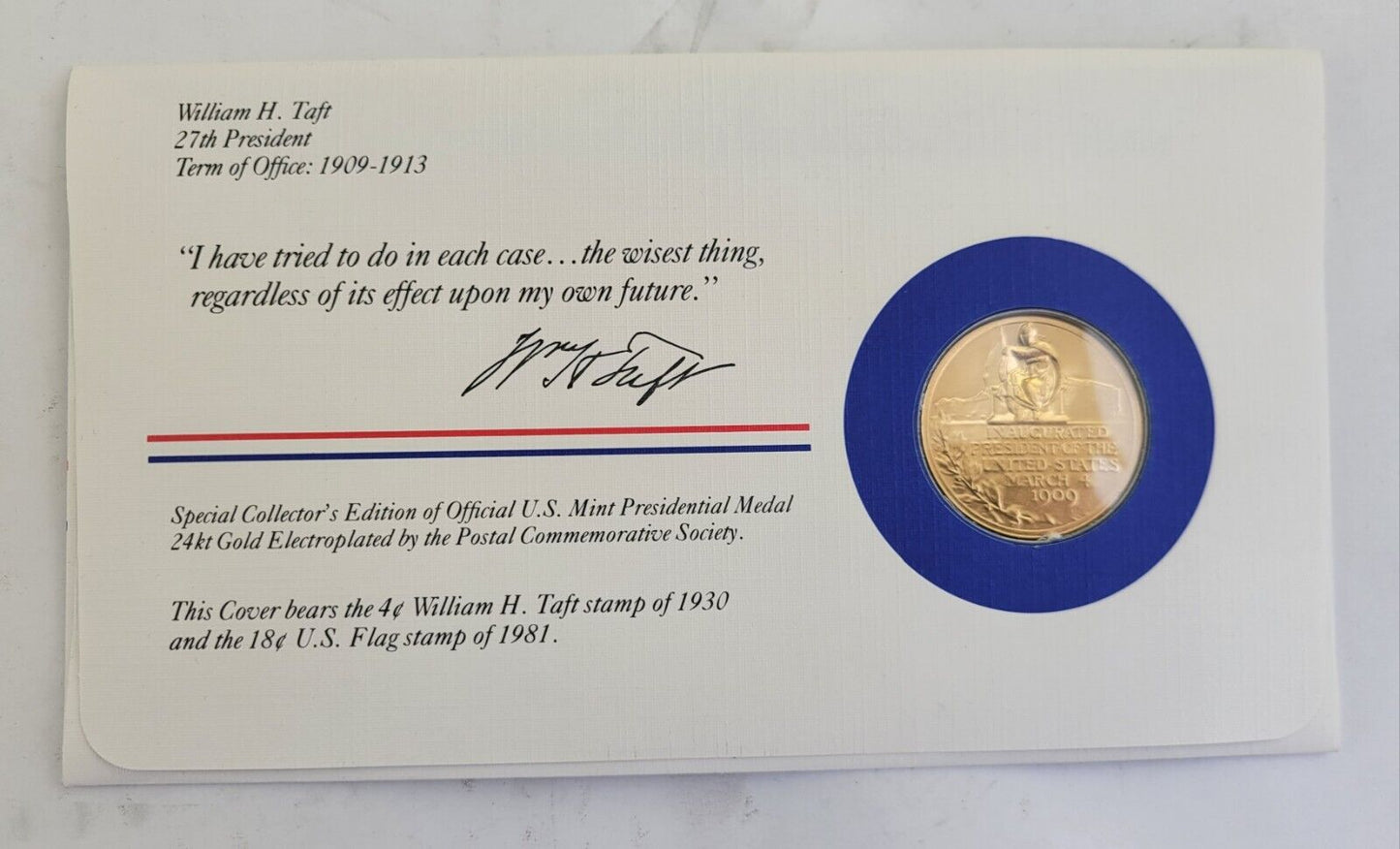 William Taft Presidential Covers Medal Postal Commemorative Society Gold Plated