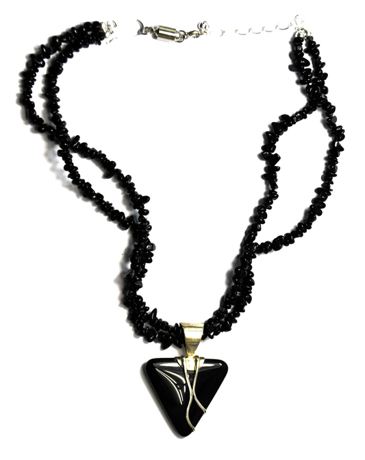 Sterling Desert Rose Black Onyx Triangle 61mm Pendant Bead Chunk Necklace 21.5"