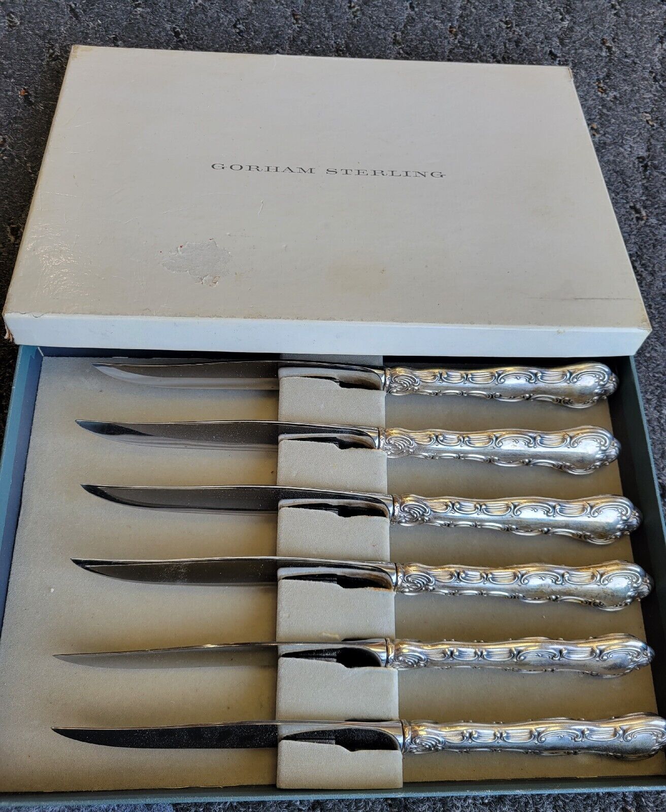 6pc Strasbourg by Gorham Sterling Silver 9 1/2" Steak Knife Set Boxed