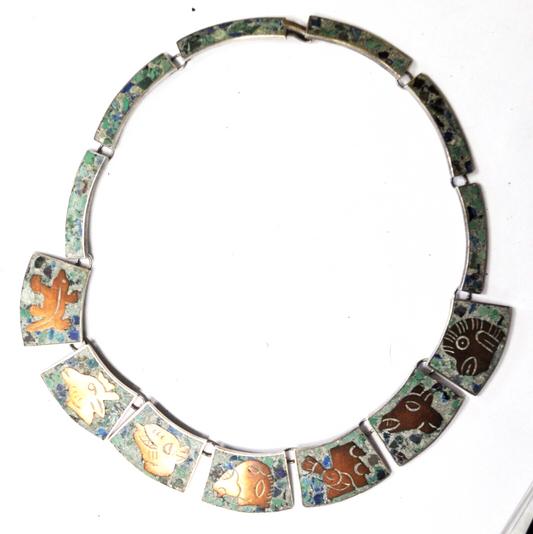 Sterling DH Mexico Mosaic Bronze Animal Panel 20mm Necklace 15.5"