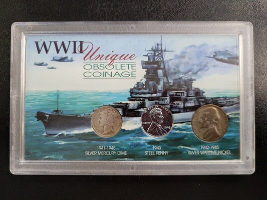 WWII Unique Obselete Coinage Mercury Dime, Steel Penny,  Silver Wartime Nickel