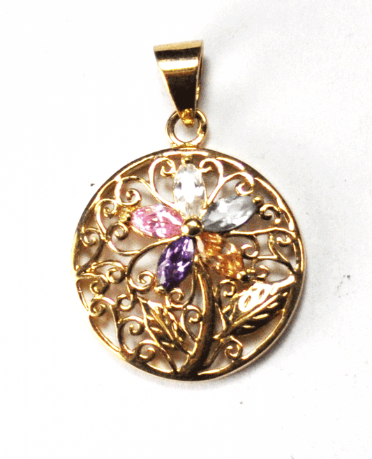 Sterling Multi Color Stone Gold Tone Flower Filigree 32mmx22mm Pendant 4mm Bale