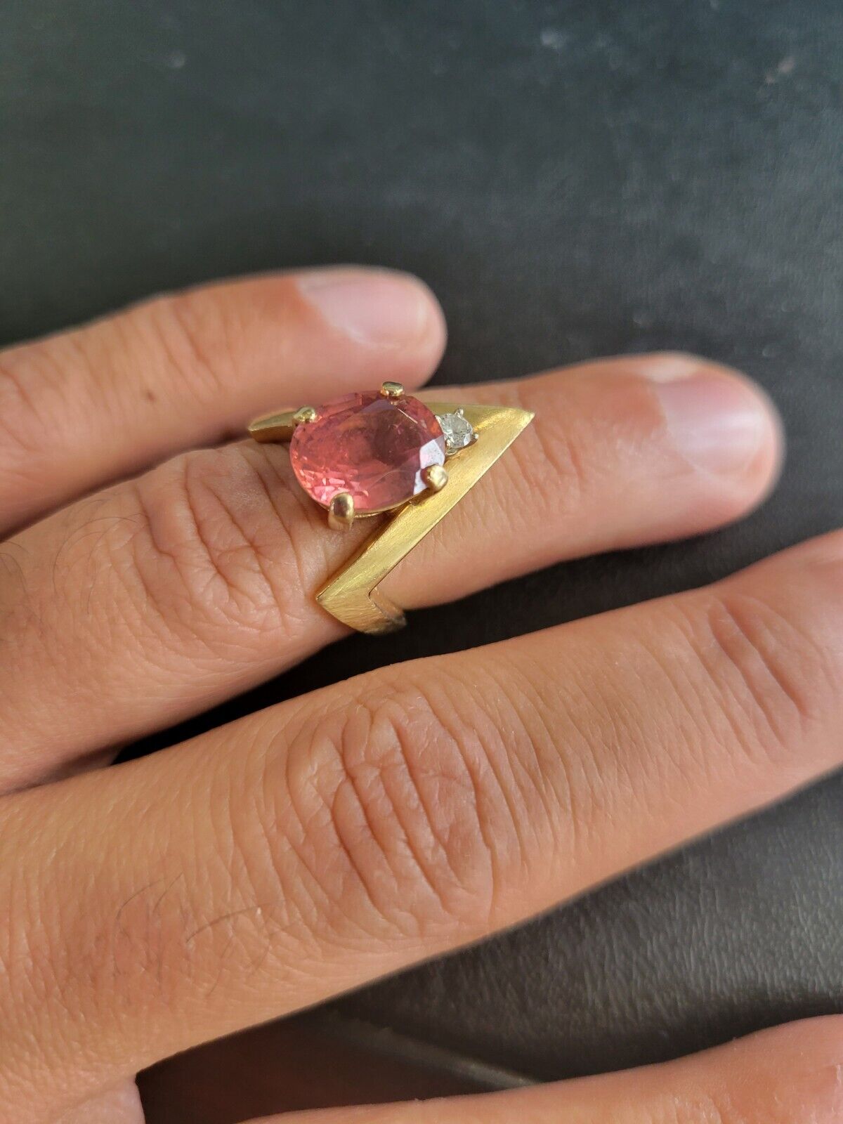 14k Yellow Gold Pointed V Elongated Tourmaline Diamond Ring 21mm Size 5.5