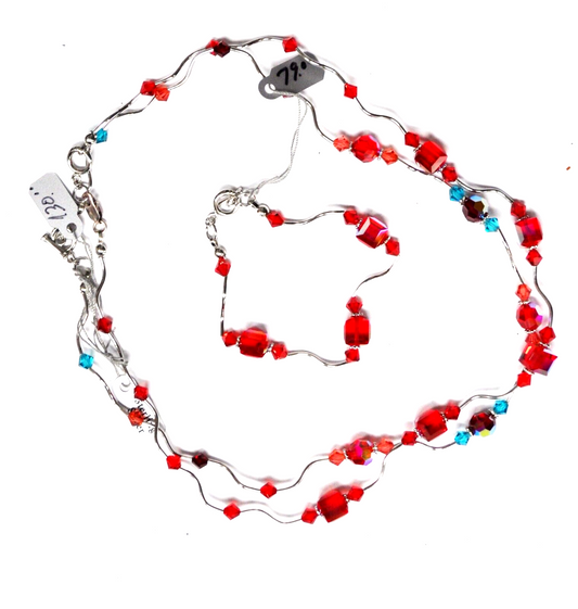 Sterling 8mm Red Blue Iridescent Glass Bead 2 16" Necklace 8" Bracelet Set