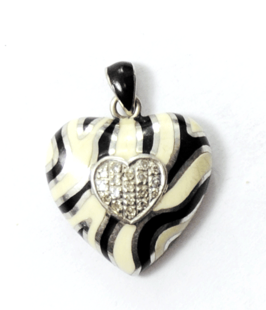 Sterling Black Ivory Enamel Tiger Stripe NDI CZ Pave Heart Pendant 19mm x 25mm