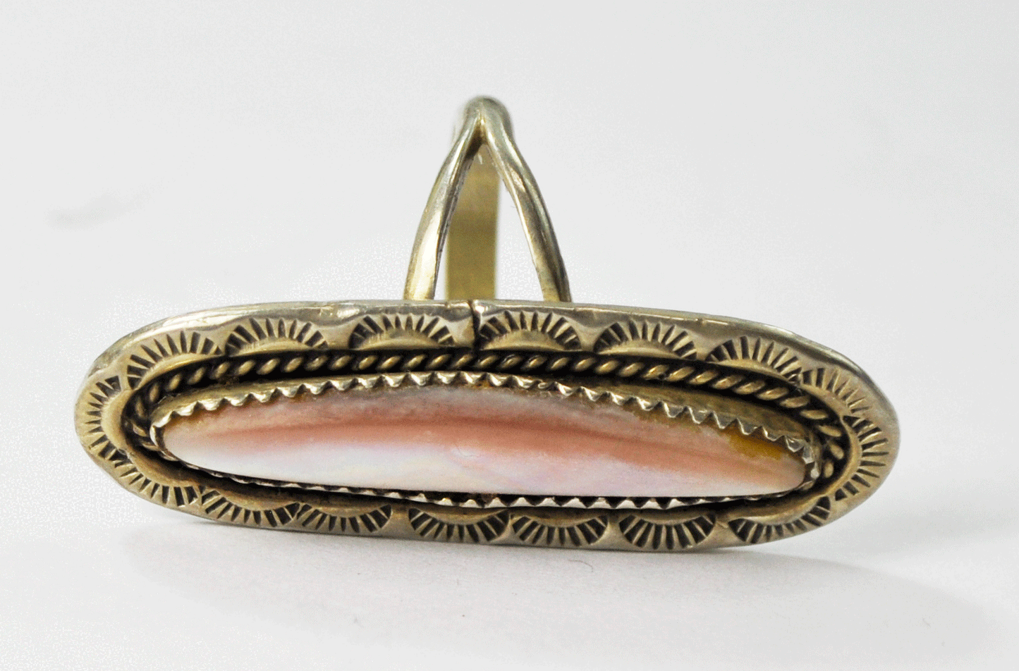 Vintage Sterling Silver Grace Smith Pink MOP 41mm Etched Rays Ring Size 7.25