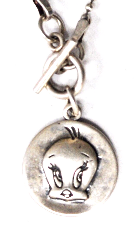 Sterling Tweety Bird Round Disc Charm Pendant Necklace 19mm Looney Tunes 18"