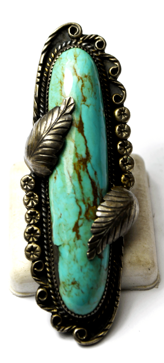 Sterling Harry Jake Large Floral 3" Elongated Turquoise Ring Size 11