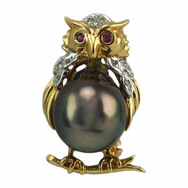 14kt Yellow Gold Ruby Eyed Owl Pin with Tahitian South Sea Pearl & Diamonds