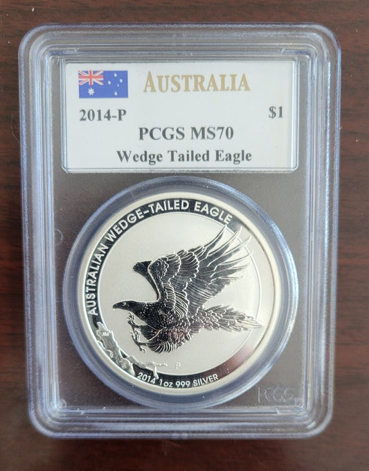 2014 P PCGS MS70 Australian John Mercanti $1 Wedge Tailed Eagle .999 Silver 1oz.