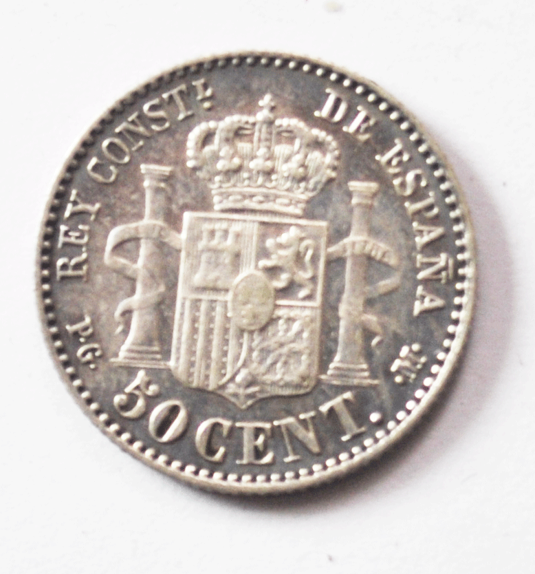 1892 92 PG-M Spain 50 Centimos Silver Coin Fifty KM# 690