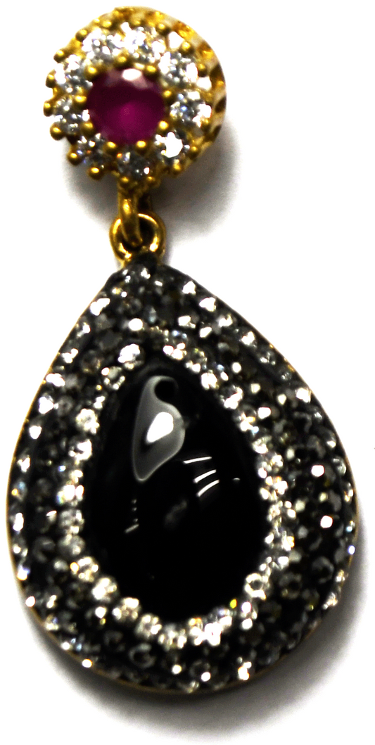 Sterling Silver Black Onyx Teardrop 2-Tone CZ Halo Pendant 42mm x 23mm