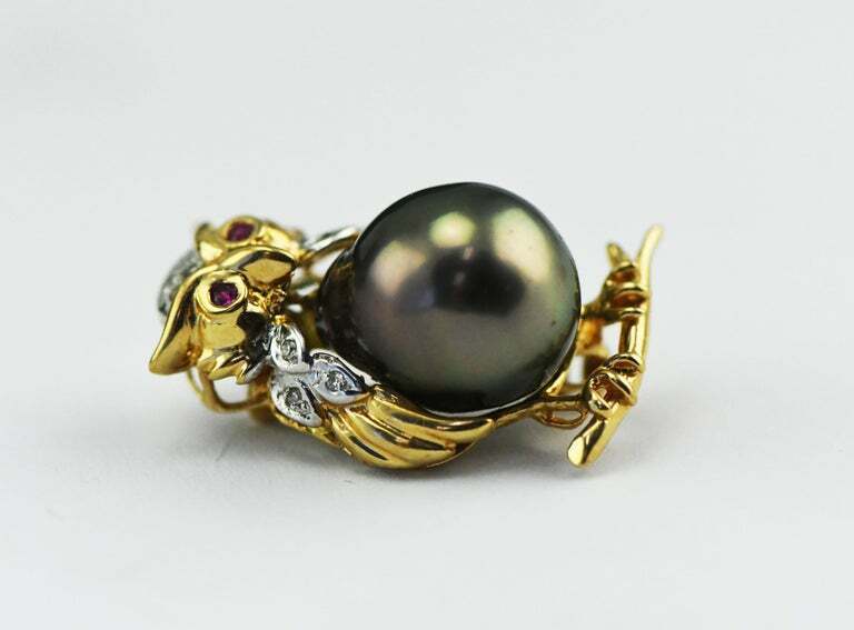 14kt Yellow Gold Ruby Eyed Owl Pin with Tahitian South Sea Pearl & Diamonds