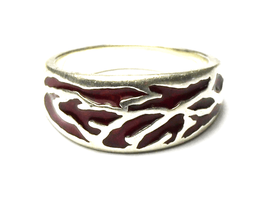 Sterling Silver BJS Red Enamel Tiger Stripe Ring 9mm Size 7