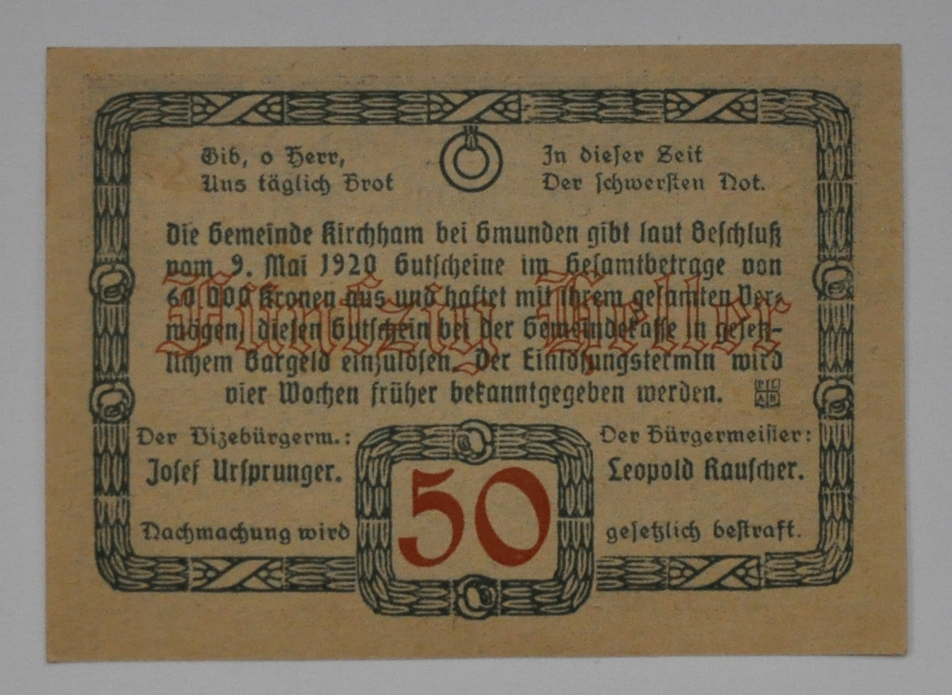 1920 50 Heller Austria Notgeld Banknote Kirchham Uncirculated