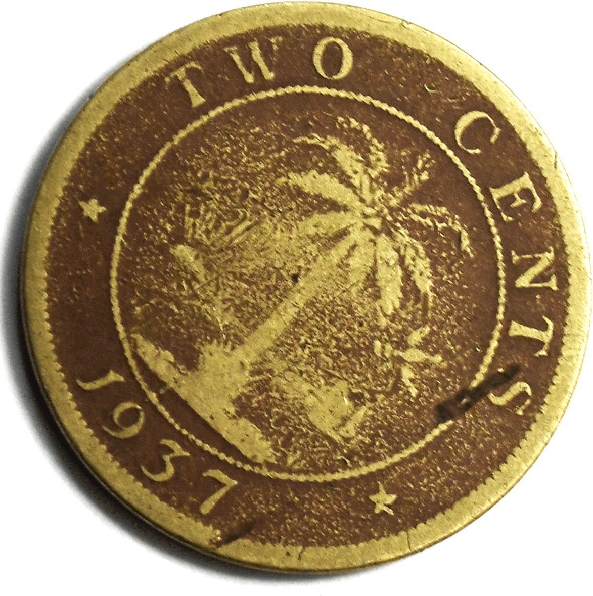 1937 Liberia 2 Two Cents KM# 4 Brass Coin