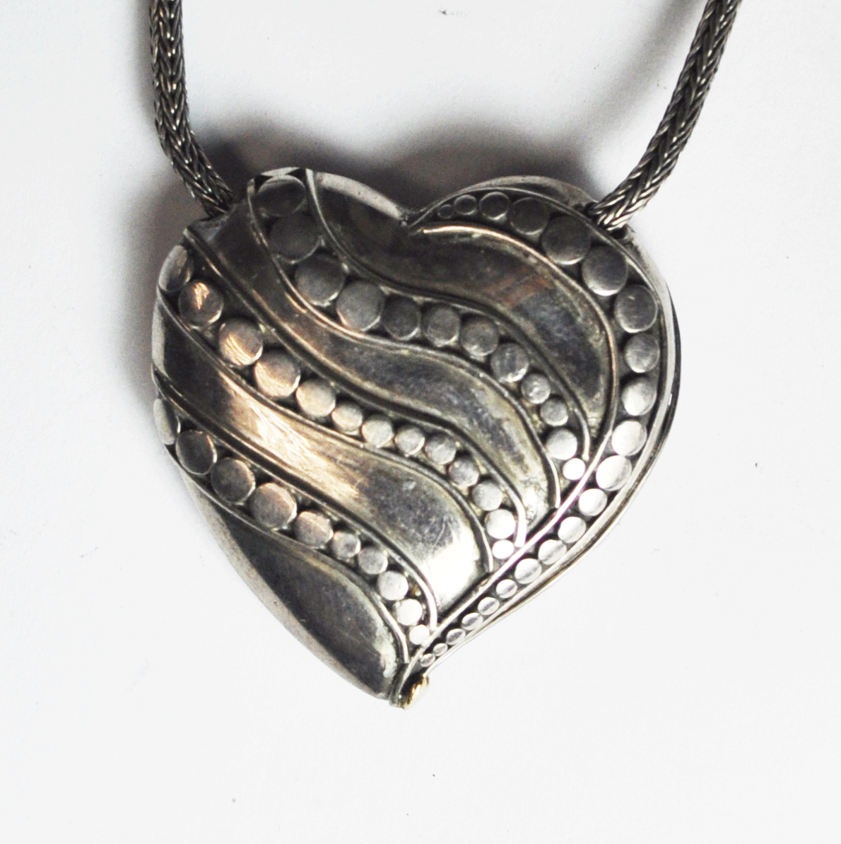 Sterling Silver & Gold Heart Filigree Dot Stripe 33mm Pendant 2mm 18" Necklace