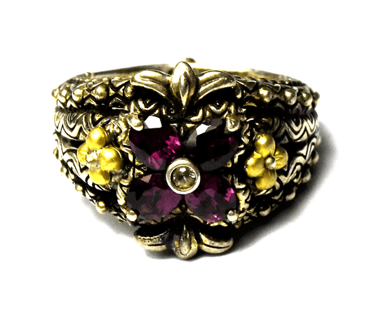 Sterling Silver Barbara Bixby Garnet 2-Tone Flower Ornate Ring 18mm Size 10-1/4