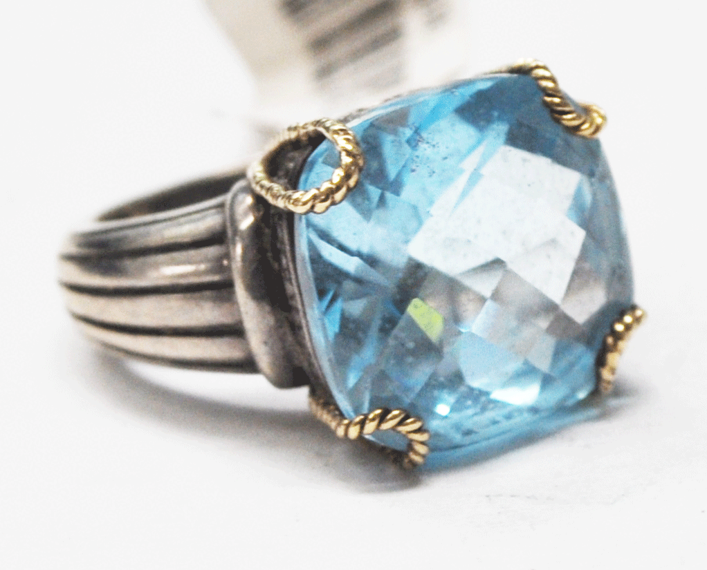 Sterling Silver 14k Designer V Signed Ring Blue Topaz 16mm Size 6-1/2