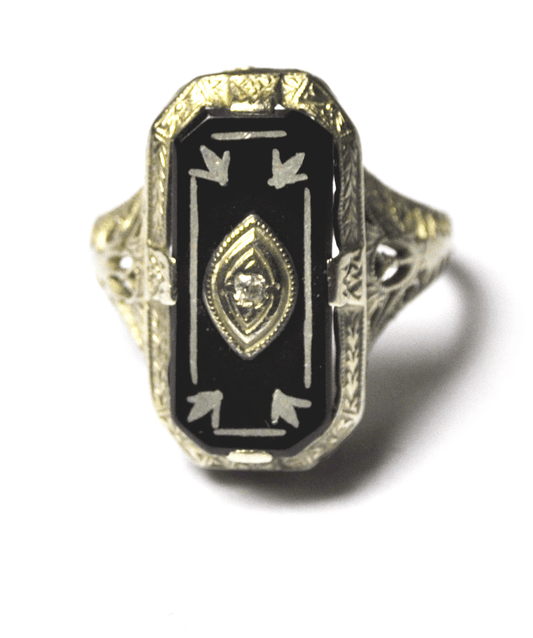 Antique 14k White Gold Art Nouveau Deco Onyx Enamel Diamond Filigree Ring Size 4