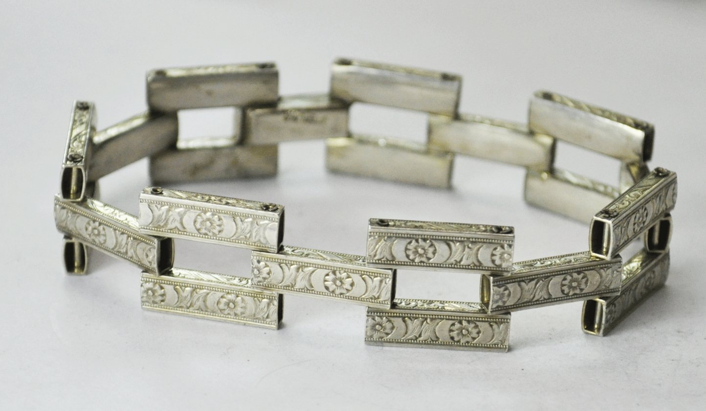 Vintage Sterling Silver Etched Floral Deco Brick Link Bracelet 15mm 7"