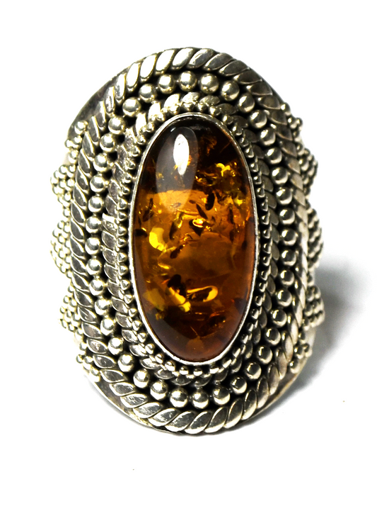 Sterling Silver Bali Suarti Oval Amber Dot Halo 28mm Ring Size 8-1/4