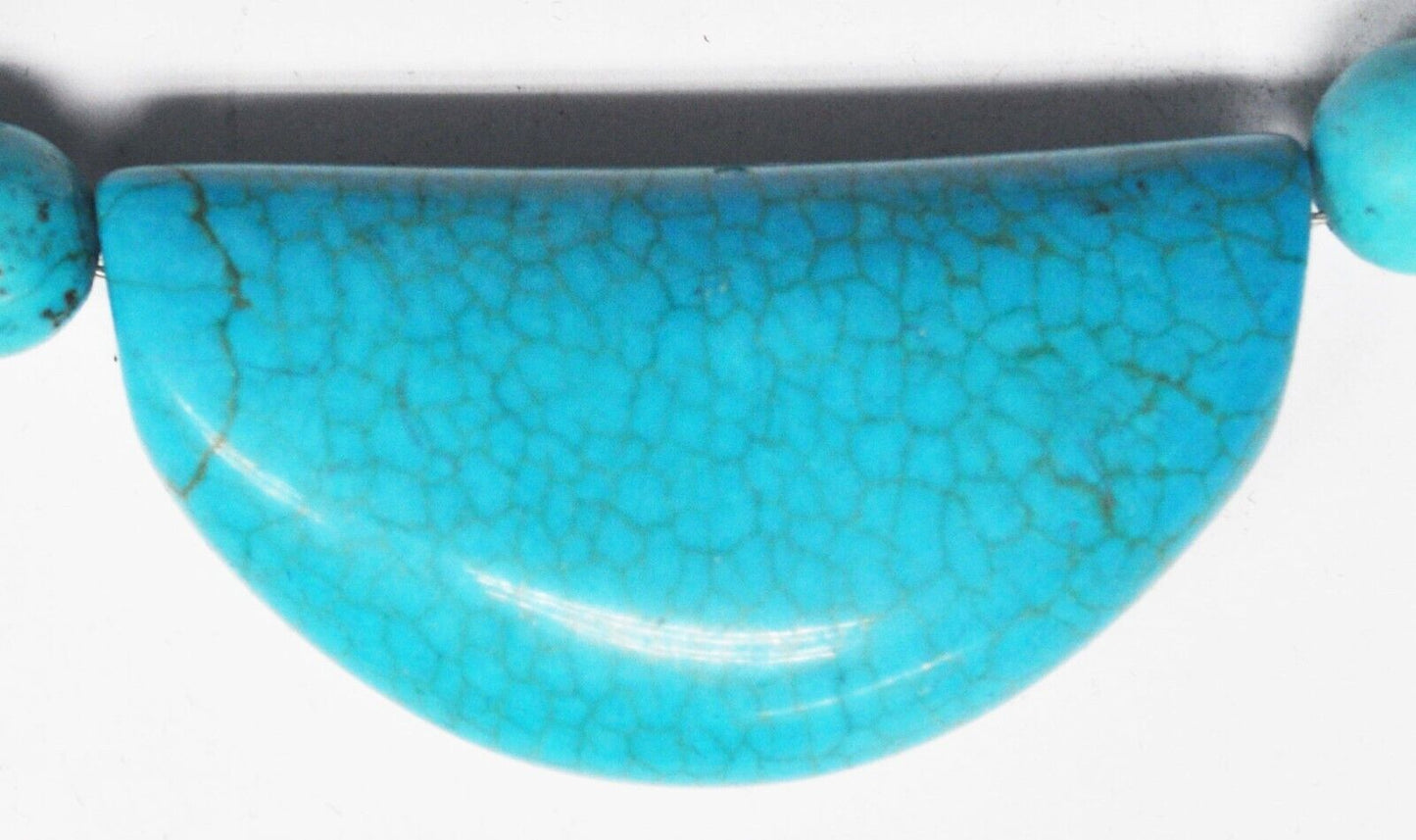 Sterling Dyed Howlite Turquoise 10mm Bead Necklace Crescent 27mm Pendant 18"