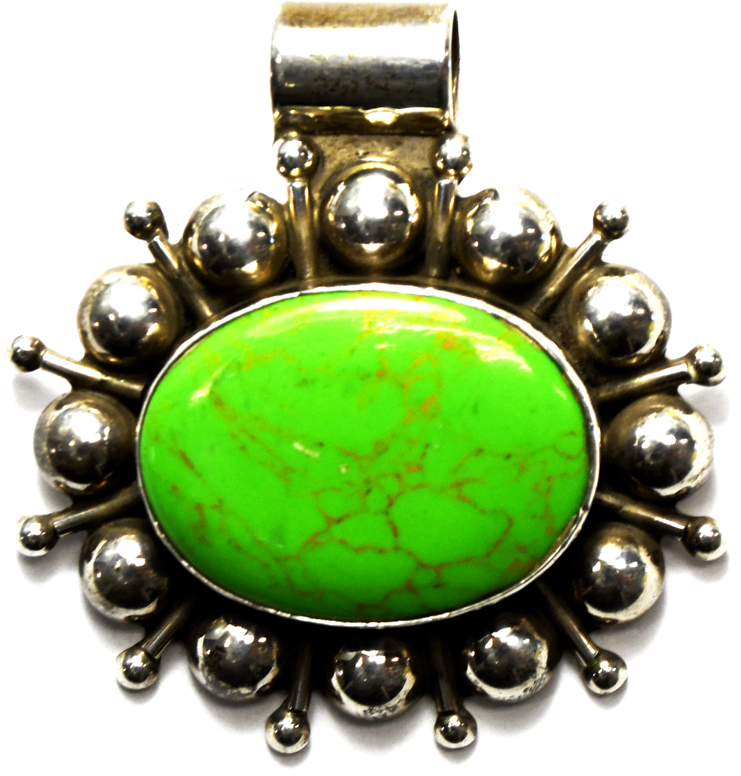 Sterling Bright Green Dyed Howlite Oval Sun Pendant 51mm x 48mm