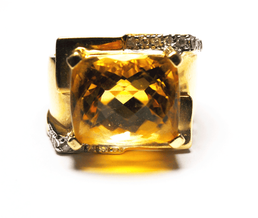 Beautiful 14k Yellow Gold Signet Citrine Square Diamond Ring 16mm Size 5