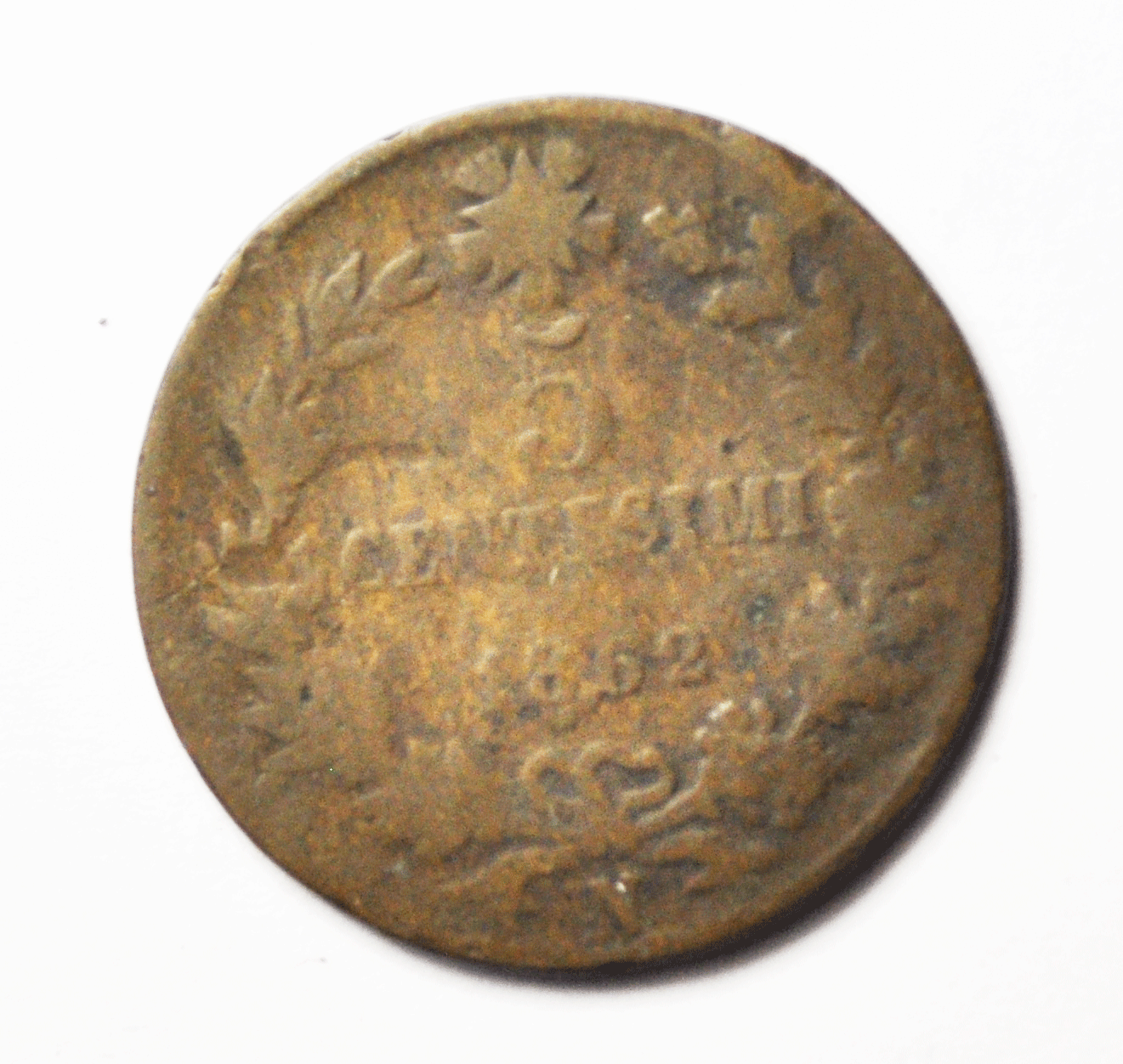 1862 N Italy 5 Centesimi Copper Coin  KM# 3.3