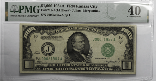 1934 A $1000 Federal Reserve Note J00051957A Fr#2212J PMG 40 Small Tear