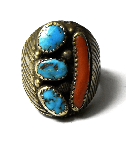 Sterling Heavy Striped Edge Vintage Coral & Turquoise Ring 27mm Size 9  21.7g