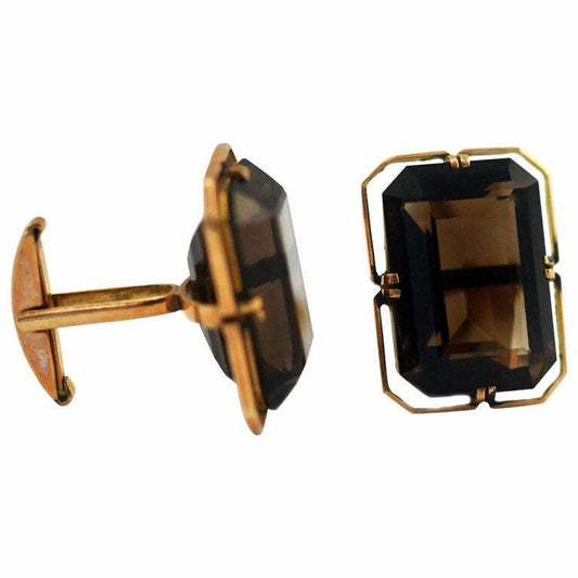 Elegant 14 Karat Gold Emerald Cut Beautiful Smoky Quartz Mens Cufflinks Vintage