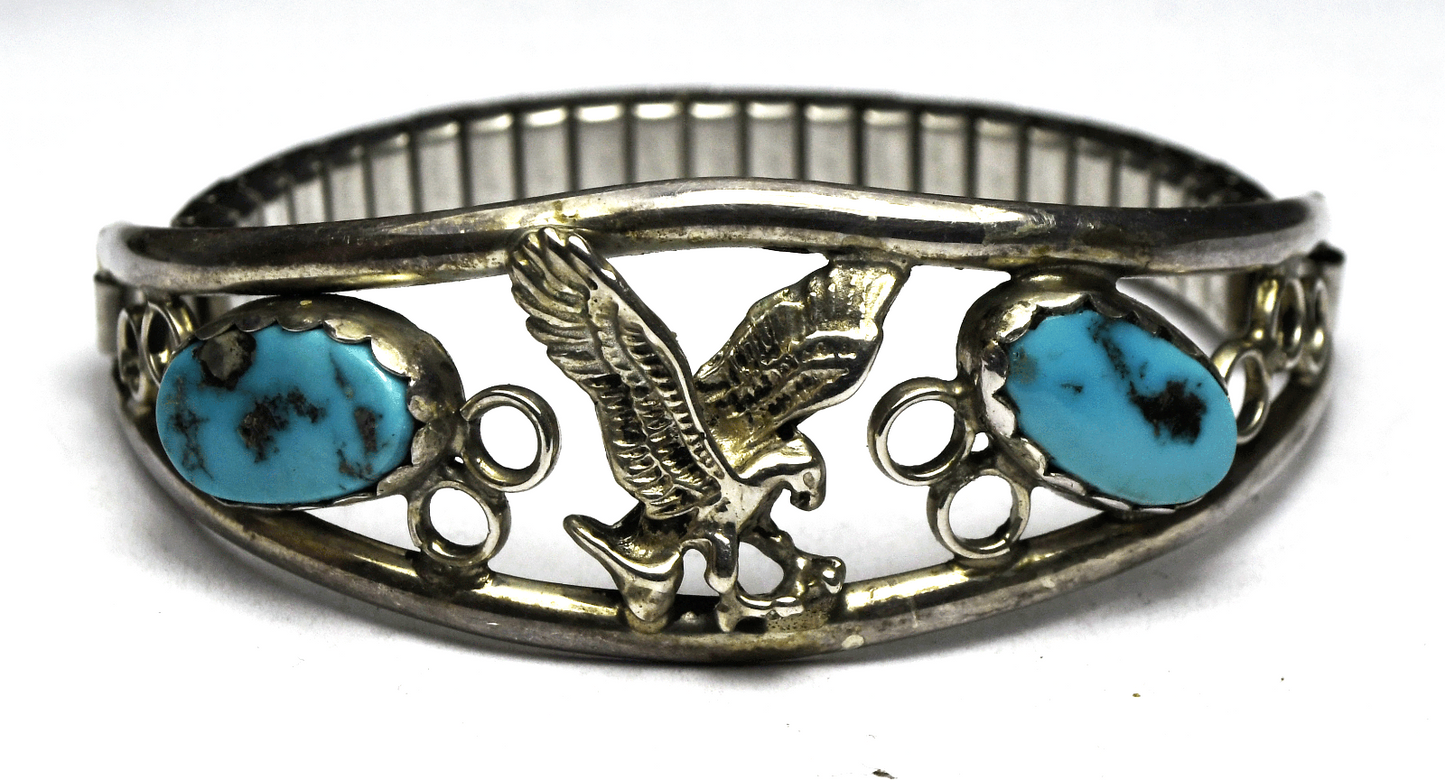 Sterling DG Wilson Turquoise Eagle Filigree 20mm Bracelet Speidel Stretch Band