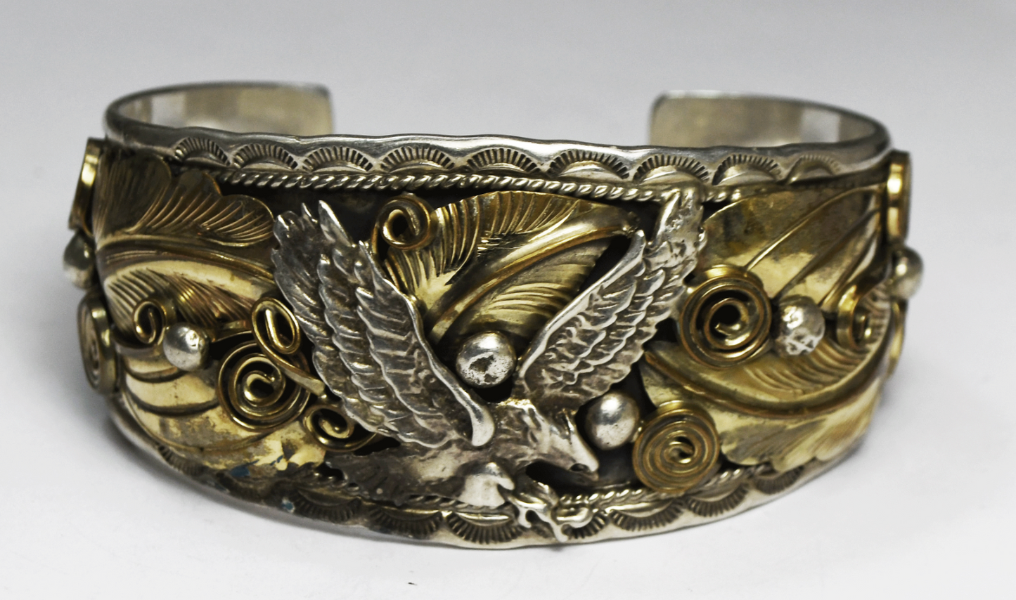 Sterling Silver Allen Chee Eagle Vermeil Floral Cuff Bracelet 39mm 8" Wrist