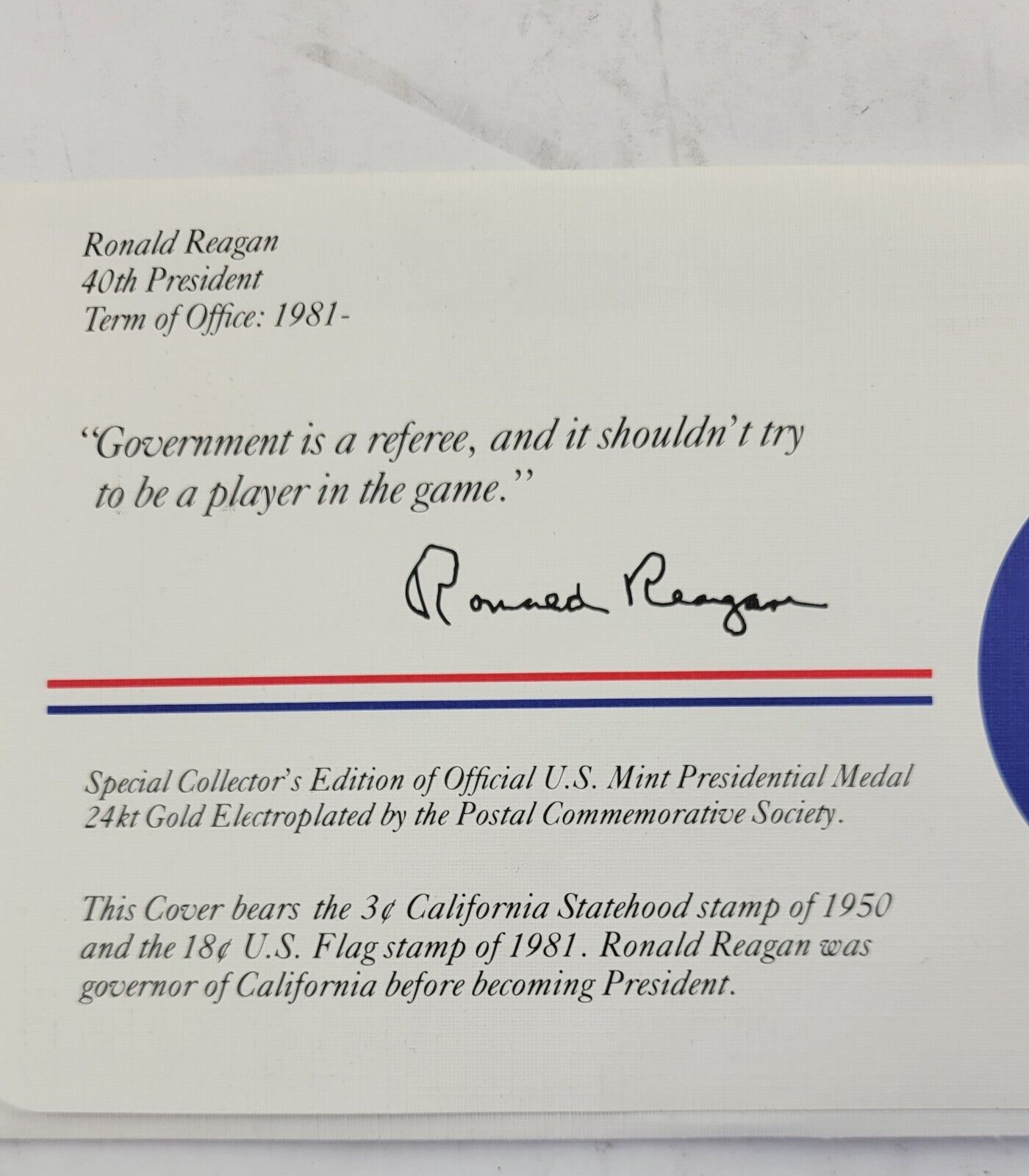 Ronald Reagan Presidential Covers Medal Postal Commemorative Society Gold Plated