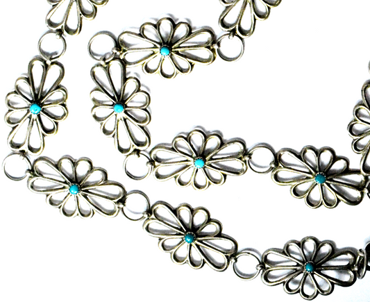 Sterling Concho Sandcast Turquoise Dot Filigree Belt Long Necklace 22mm 35.5"