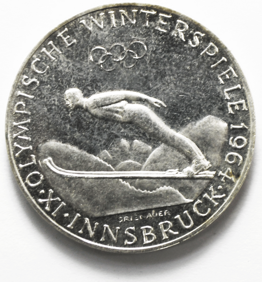 1964 Austria 50 Fifty Schilling Proof Silver Coin KM# 2896 Olympics Ski Jumper