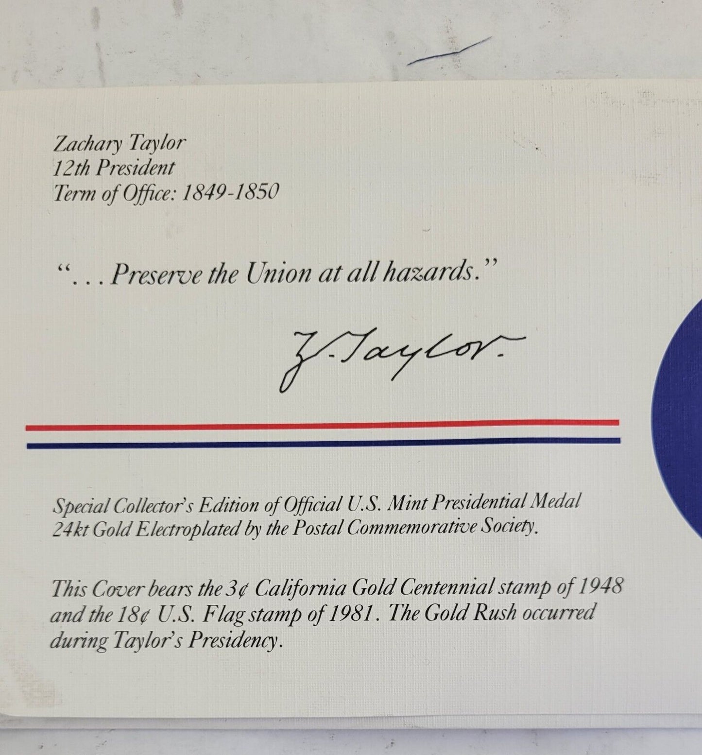 Z Taylor Presidential Covers Medal Postal Commemorative Society Gold Plated