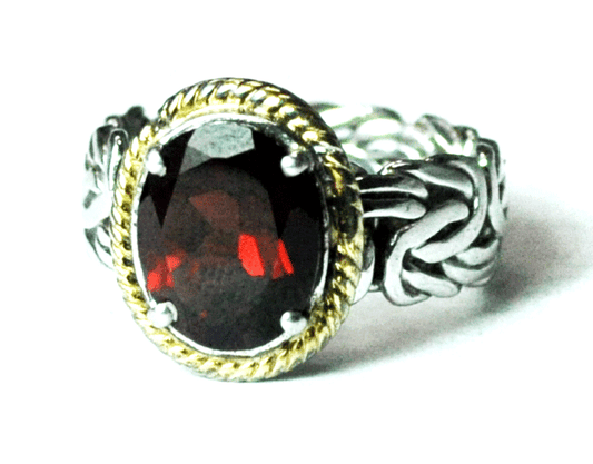 Sterling 14k AK Anne Klein Red Garnet Byzantine Pattern Ring 15mm Size 5.5