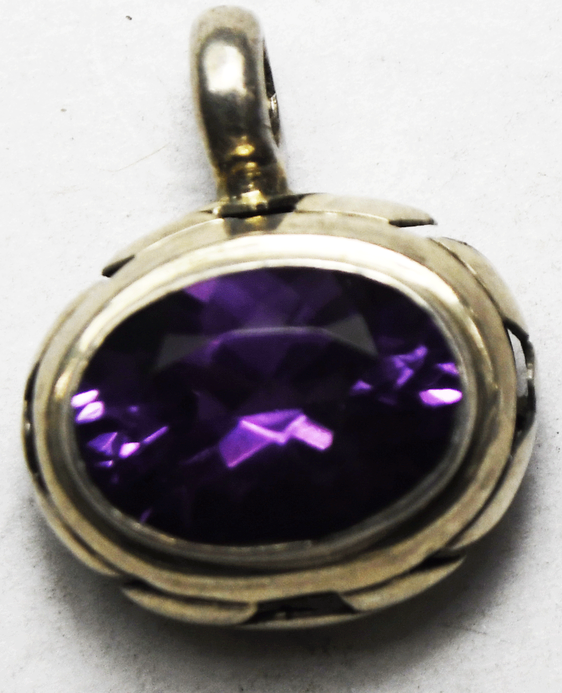 Sterling LB Purple Amethyst Oval Bow Tie Filigree Edge Pendant 19mm  x 23mm