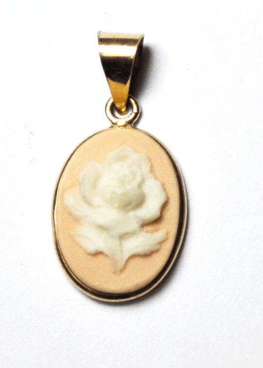 Yellow Gold 10k Pink Synthetic Cameo Rose Flower Pendant Enhancer 22mm GTR