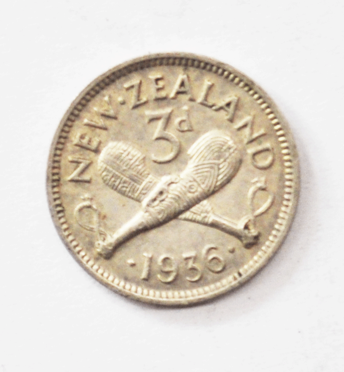 1936 New Zealand 3 Three Pence Silver Coin KM#7