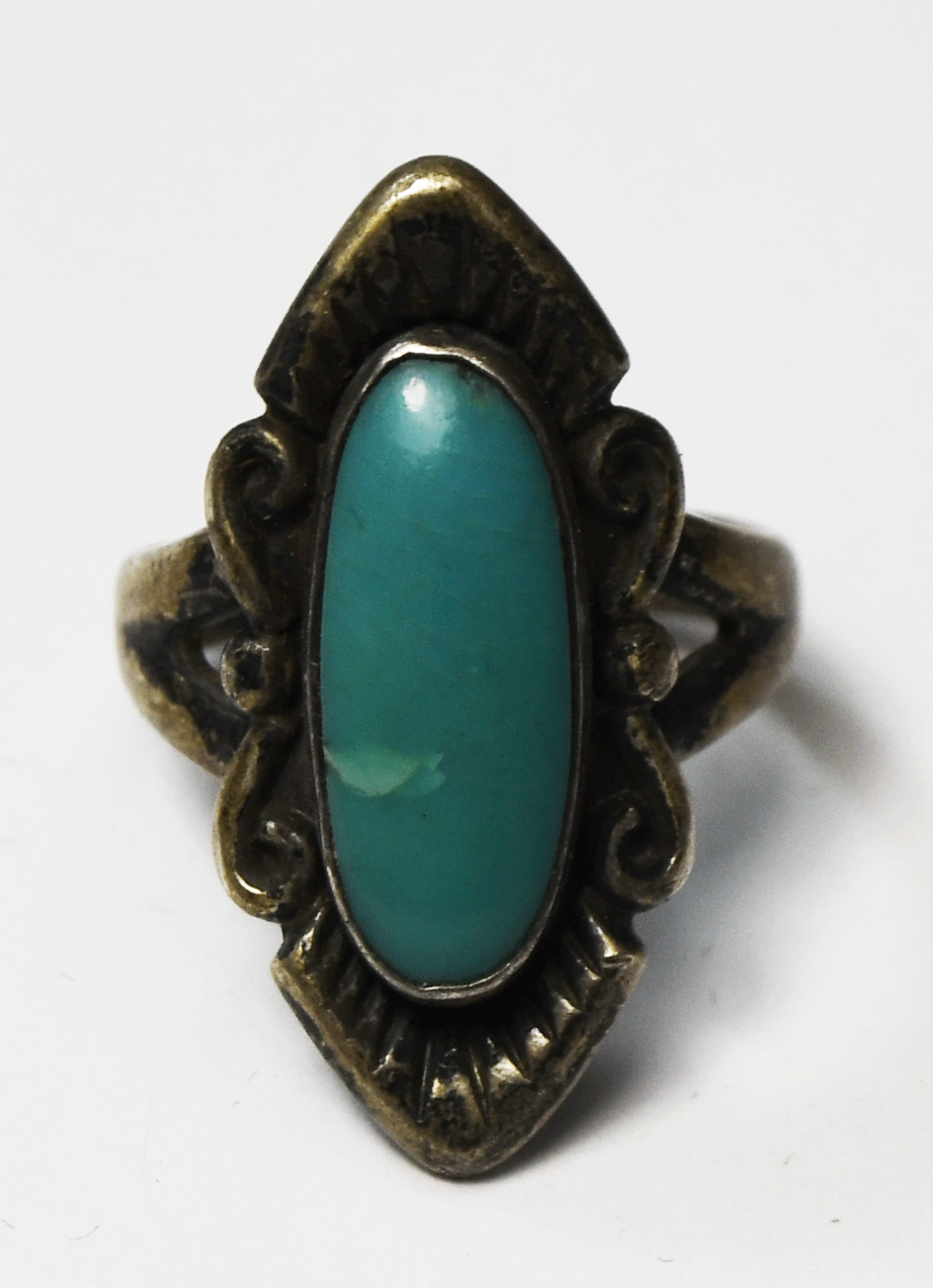 Sterling Silver Antique Bell Trading Oval Turquoise Pointed Ring 26mm Size 5.5