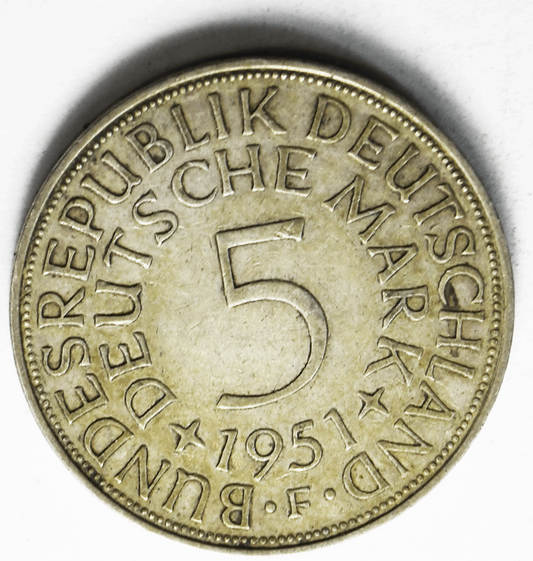 1951 F Germany Federal Republic 5 Five Mark Silver Coin KM# 112.1